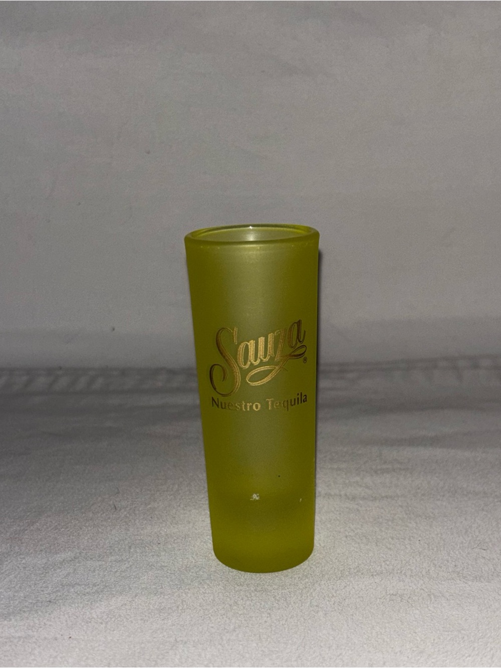 Green Frosted Sauza Shot Glass with Gold Script Logo